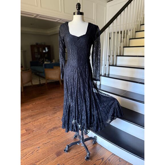 --SOLD--Vintage 90s Black Lace Bias Twirl Dress Whimsy Goth Shabby Chic Gypsy - Picture 6 of 11